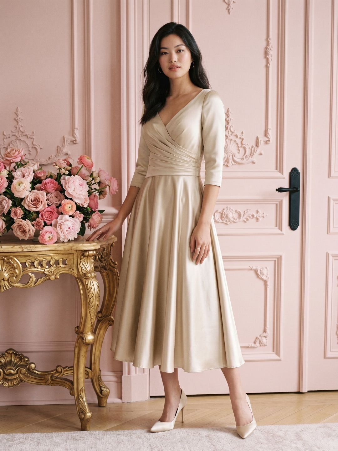 Sand Satin A-Line V-Neck Back Zip Tea-Length Mother of the Bride Dress with Pleats - Curvevia