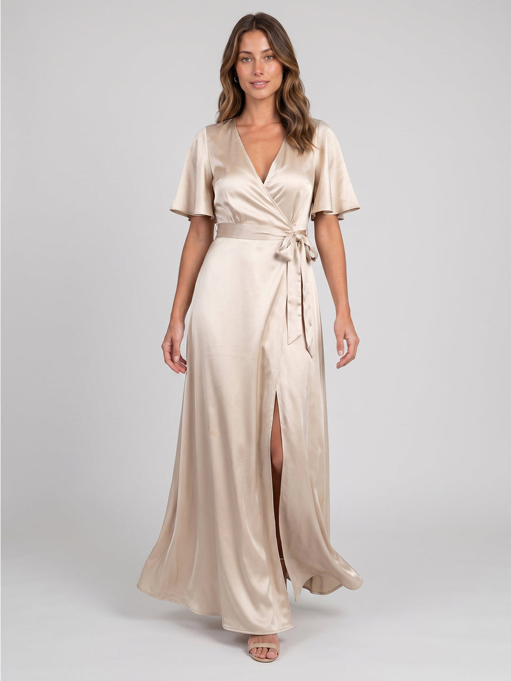 Sand Satin A-Line V-Neck Floor-Length Bridesmaid Dress - Curvevia
