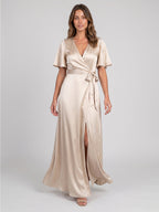 Sand Satin A-Line V-Neck Floor-Length Bridesmaid Dress - Curvevia