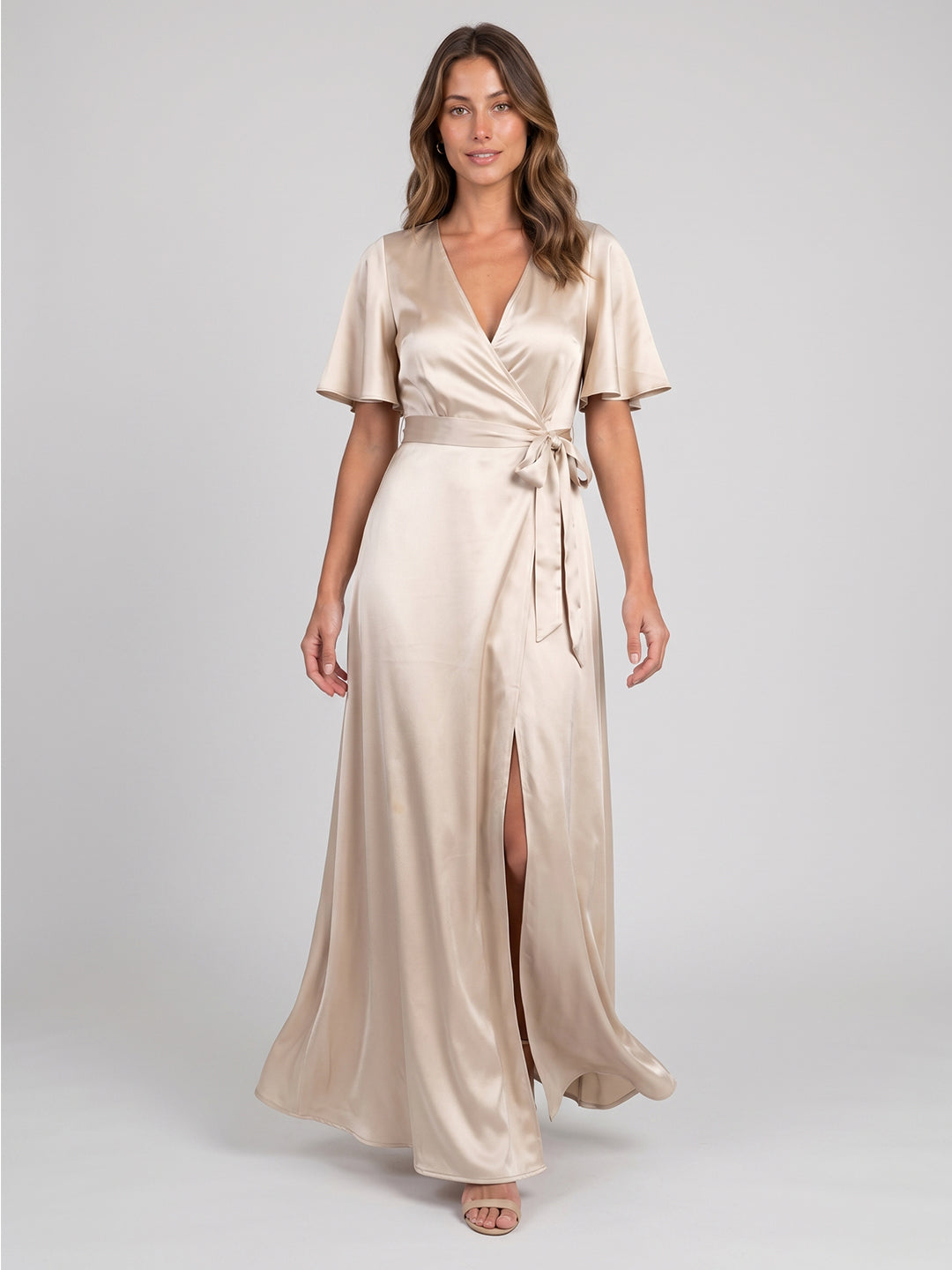 Sand Satin A-Line V-Neck Floor-Length Bridesmaid Dress - Curvevia