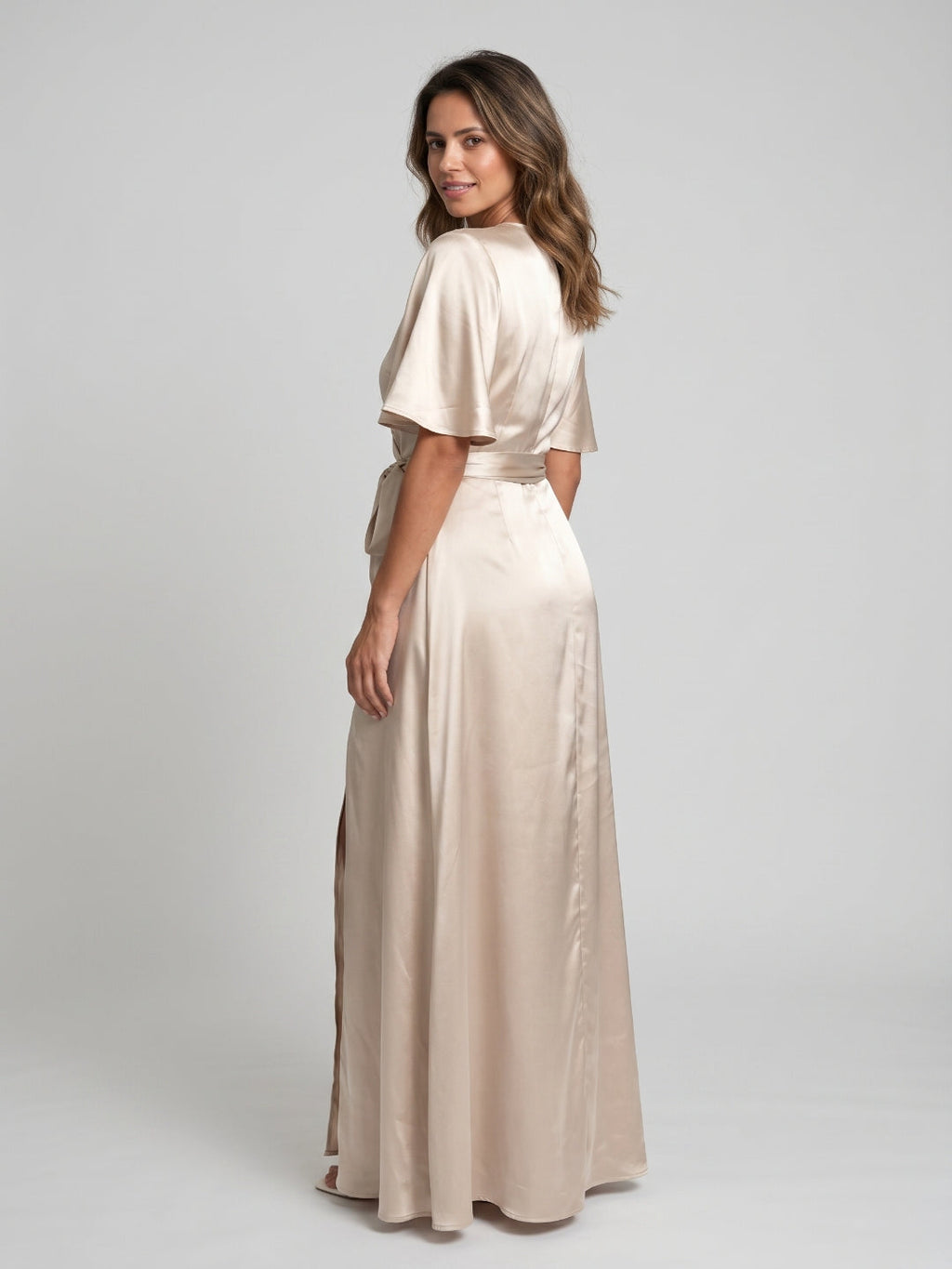 Sand Satin A-Line V-Neck Floor-Length Bridesmaid Dress - Curvevia