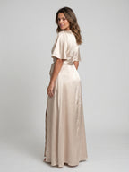 Sand Satin A-Line V-Neck Floor-Length Bridesmaid Dress - Curvevia