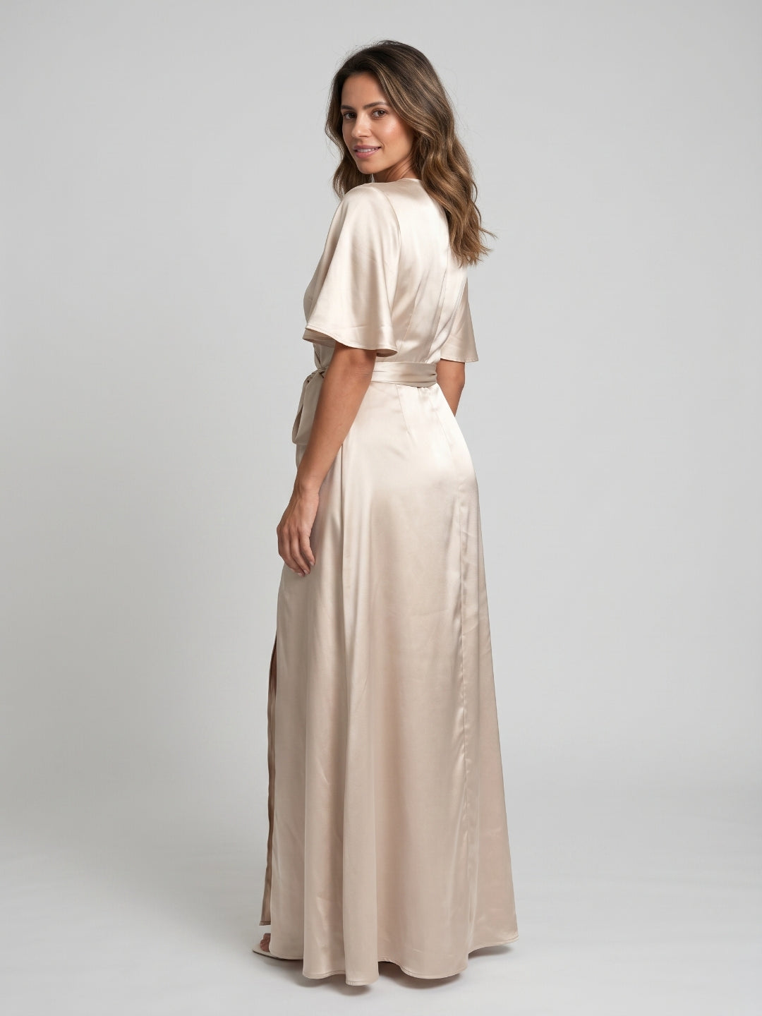 Sand Satin A-Line V-Neck Floor-Length Bridesmaid Dress - Curvevia