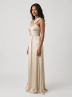 Sand Satin A-Line V-Neck Floor-Length Bridesmaid Dress - Curvevia