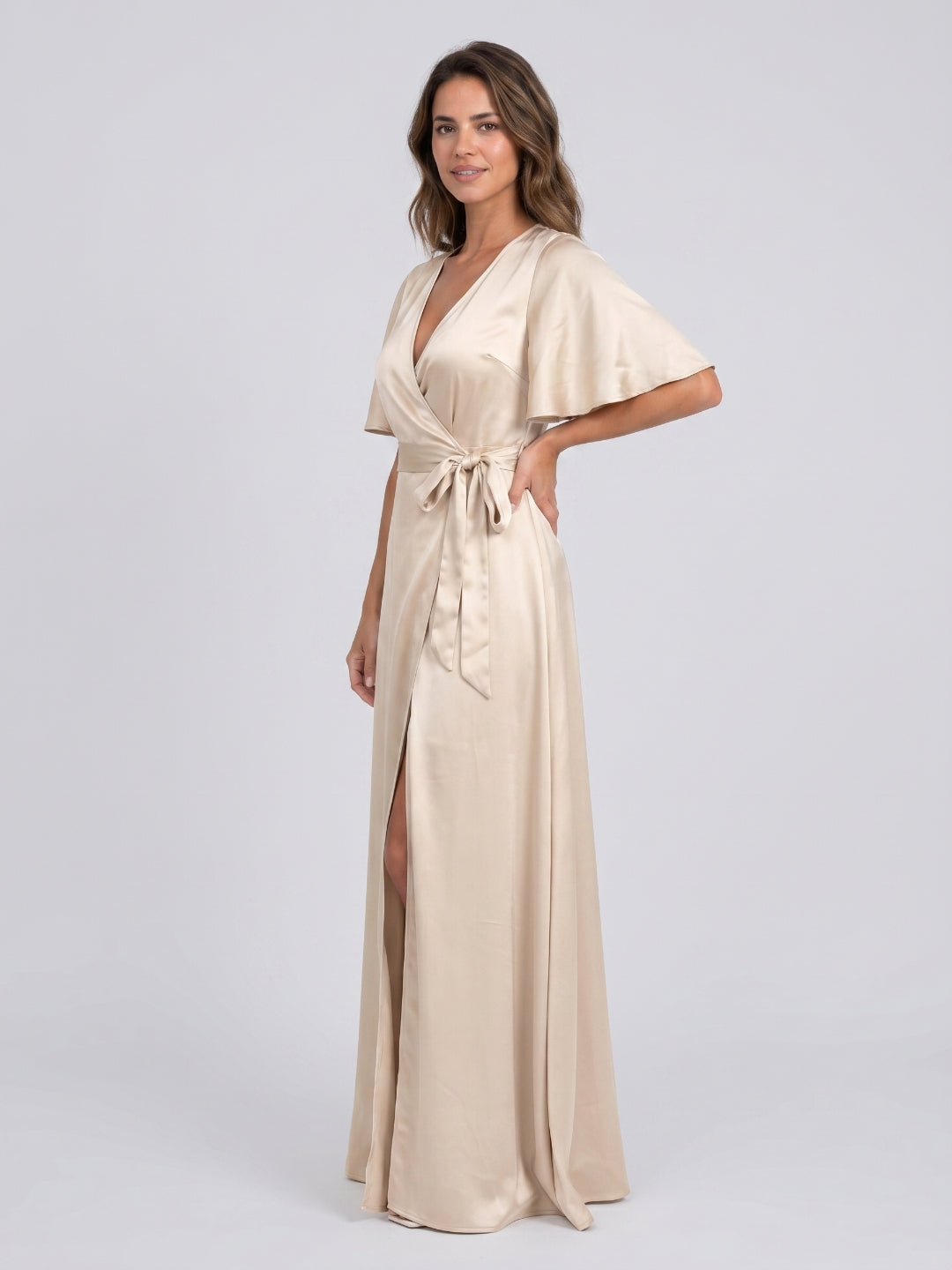 Sand Satin A-Line V-Neck Floor-Length Bridesmaid Dress - Curvevia