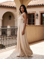 Sand Satin A-Line V-Neck Floor-Length Bridesmaid Dress - Curvevia