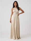 Sand Satin A-Line V-Neck Floor-Length Bridesmaid Dress - Curvevia