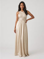 Sand Satin A-Line V-Neck Floor-Length Bridesmaid Dress - Curvevia