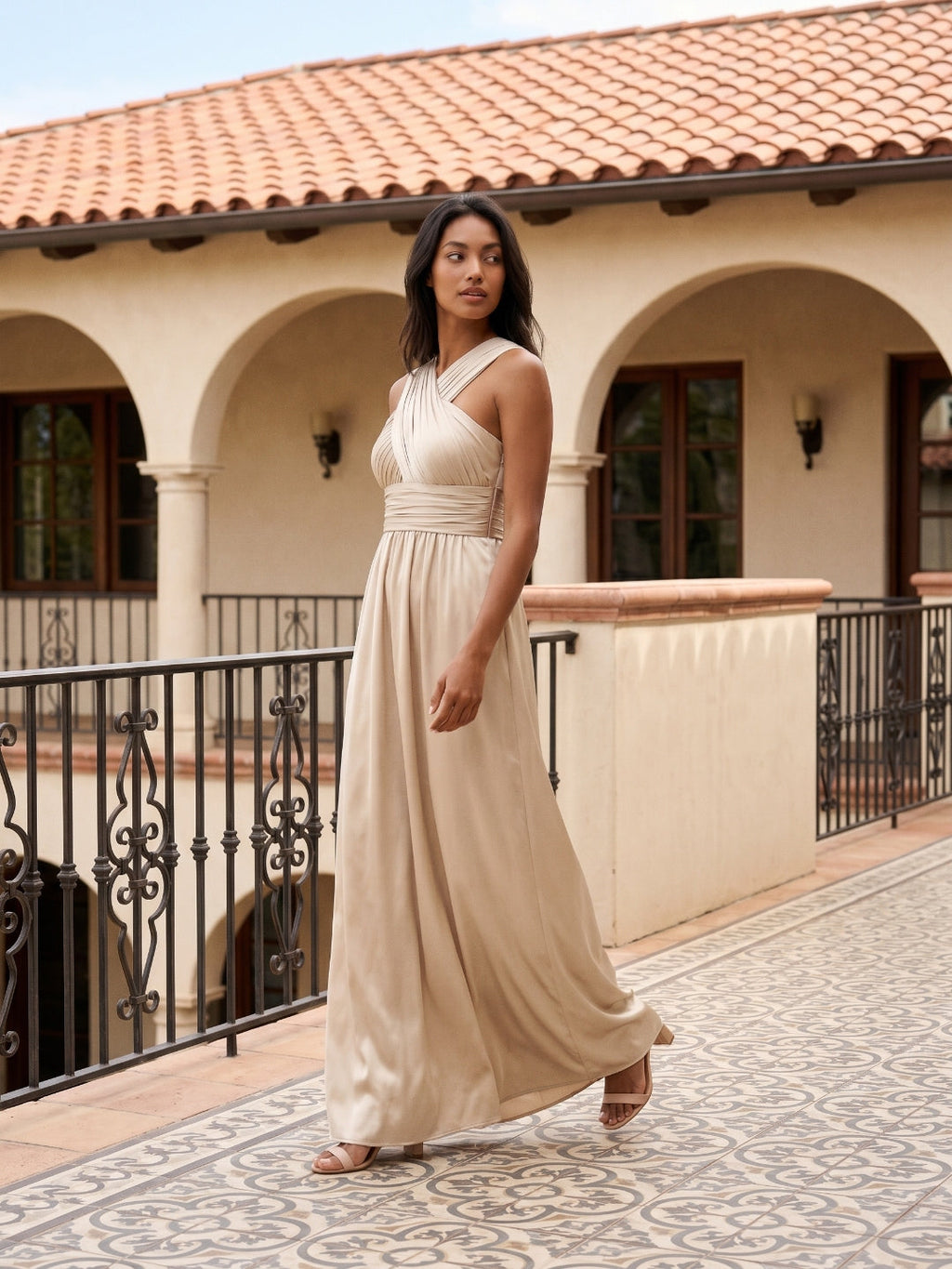 Sand Satin A-Line V-Neck Floor-Length Bridesmaid Dress - Curvevia
