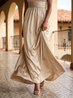 Sand Satin A-Line V-Neck Floor-Length Bridesmaid Dress - Curvevia
