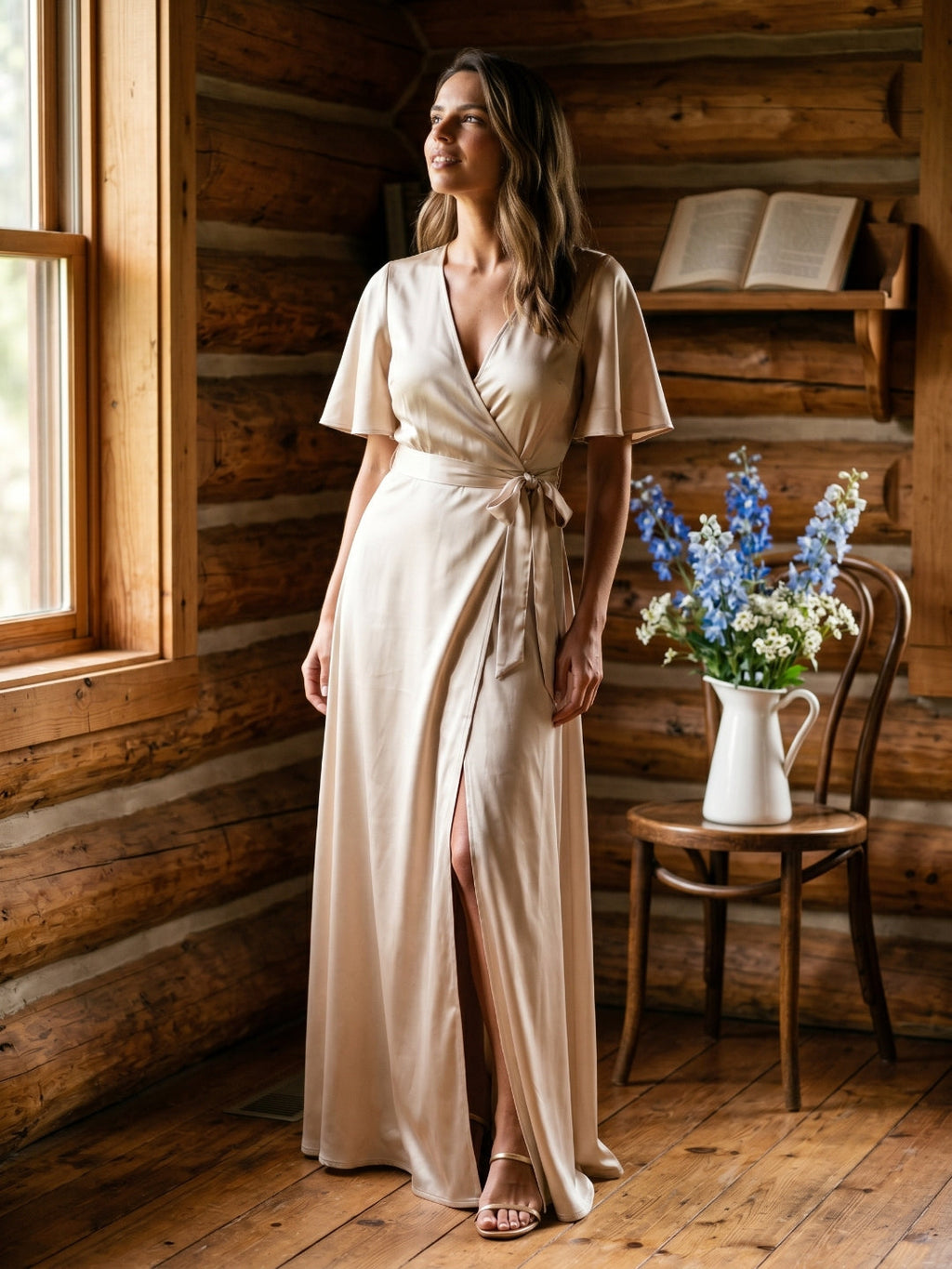 Sand Satin A-Line V-Neck Floor-Length Bridesmaid Dress - Curvevia