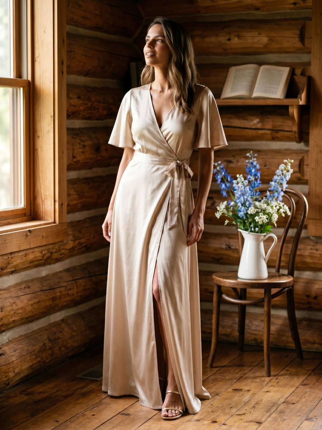 Sand Satin A-Line V-Neck Floor-Length Bridesmaid Dress - Curvevia