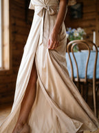 Sand Satin A-Line V-Neck Floor-Length Bridesmaid Dress - Curvevia