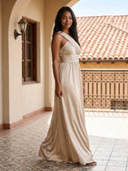 Sand Satin A-Line V-Neck Floor-Length Bridesmaid Dress - Curvevia