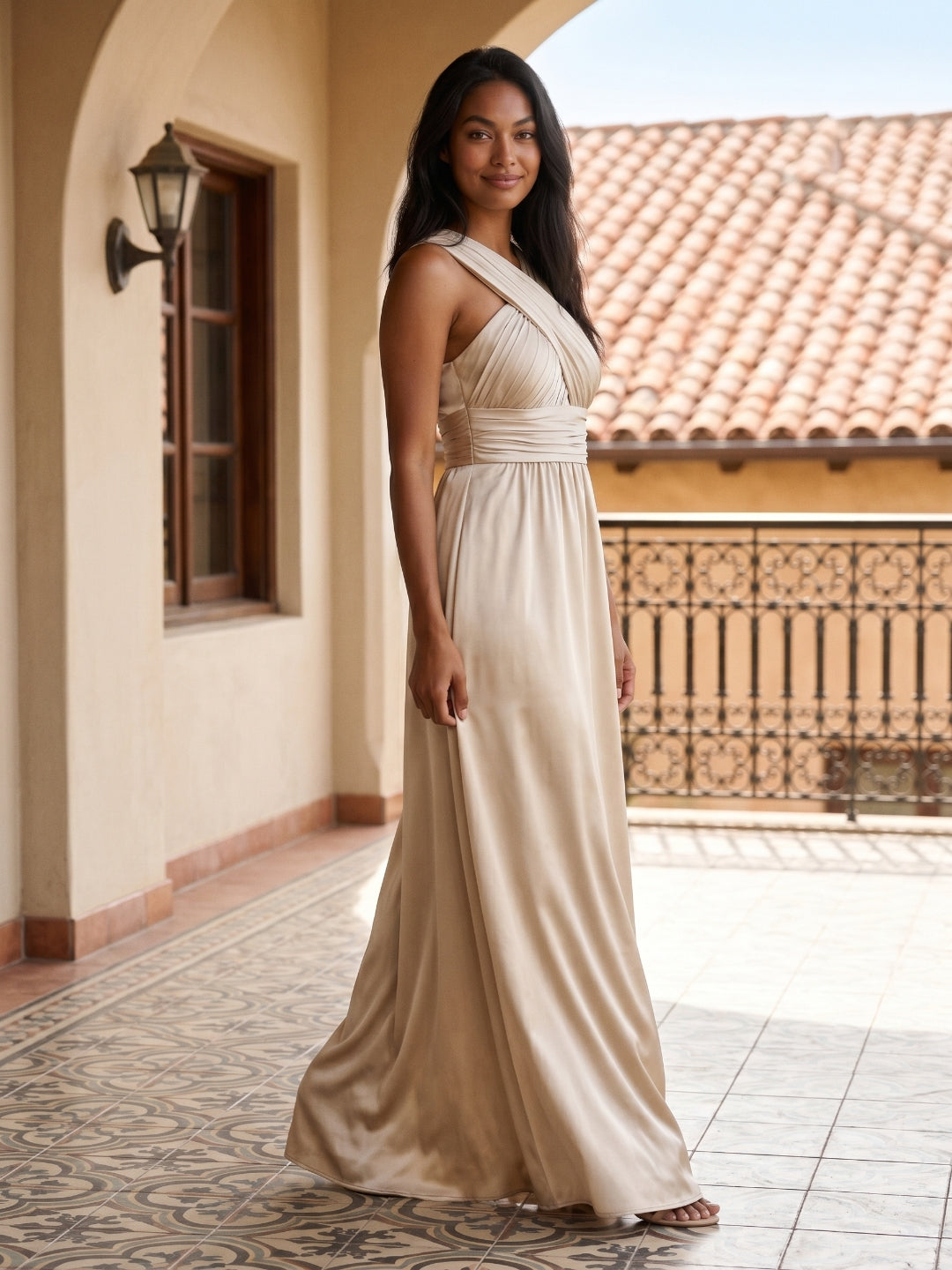 Sand Satin A-Line V-Neck Floor-Length Bridesmaid Dress - Curvevia