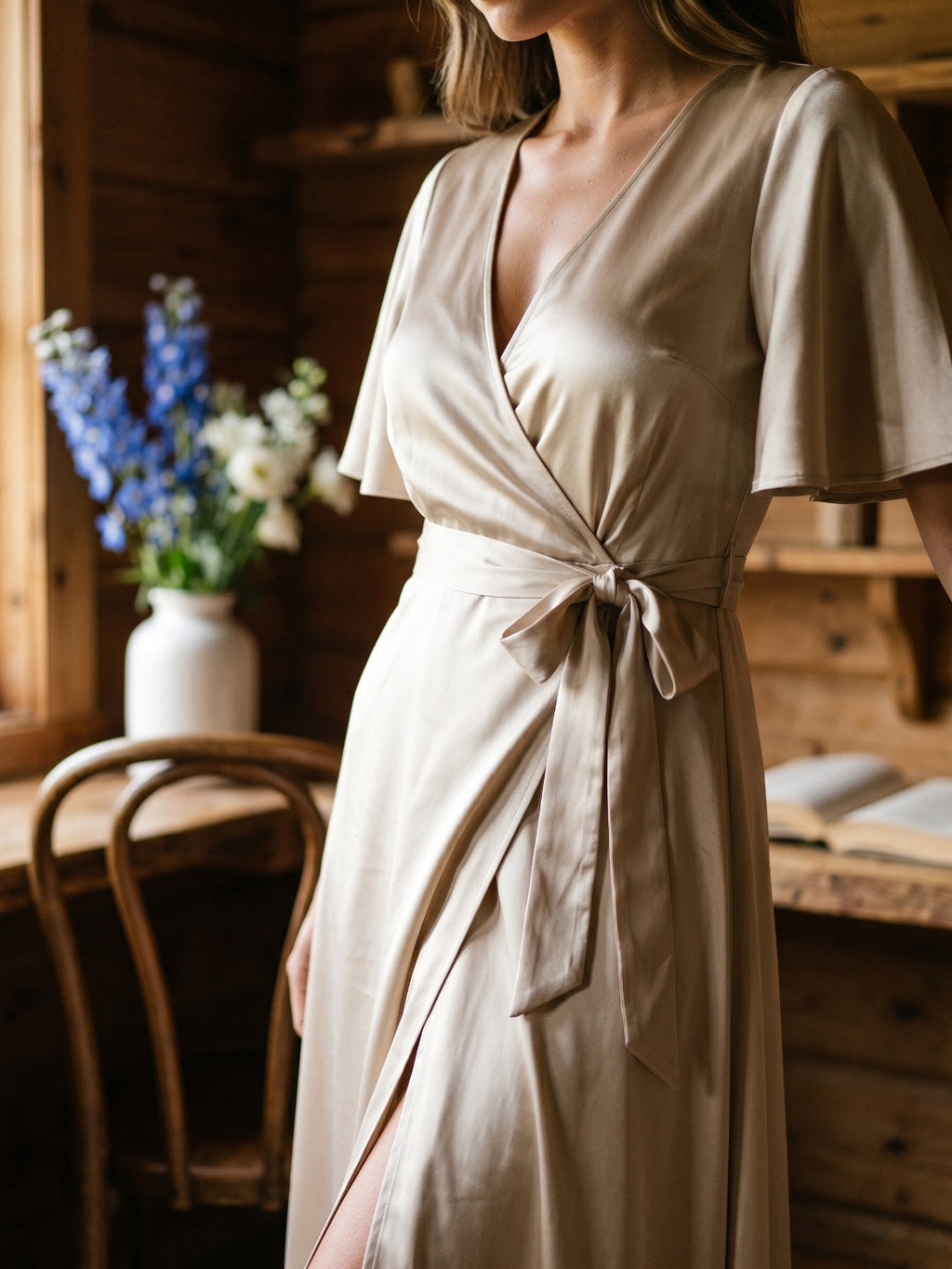 Sand Satin A-Line V-Neck Floor-Length Bridesmaid Dress - Curvevia