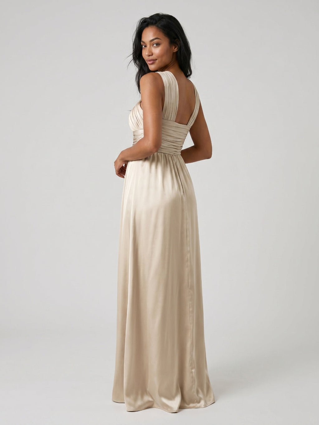 Sand Satin A-Line V-Neck Floor-Length Bridesmaid Dress - Curvevia