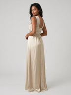 Sand Satin A-Line V-Neck Floor-Length Bridesmaid Dress - Curvevia
