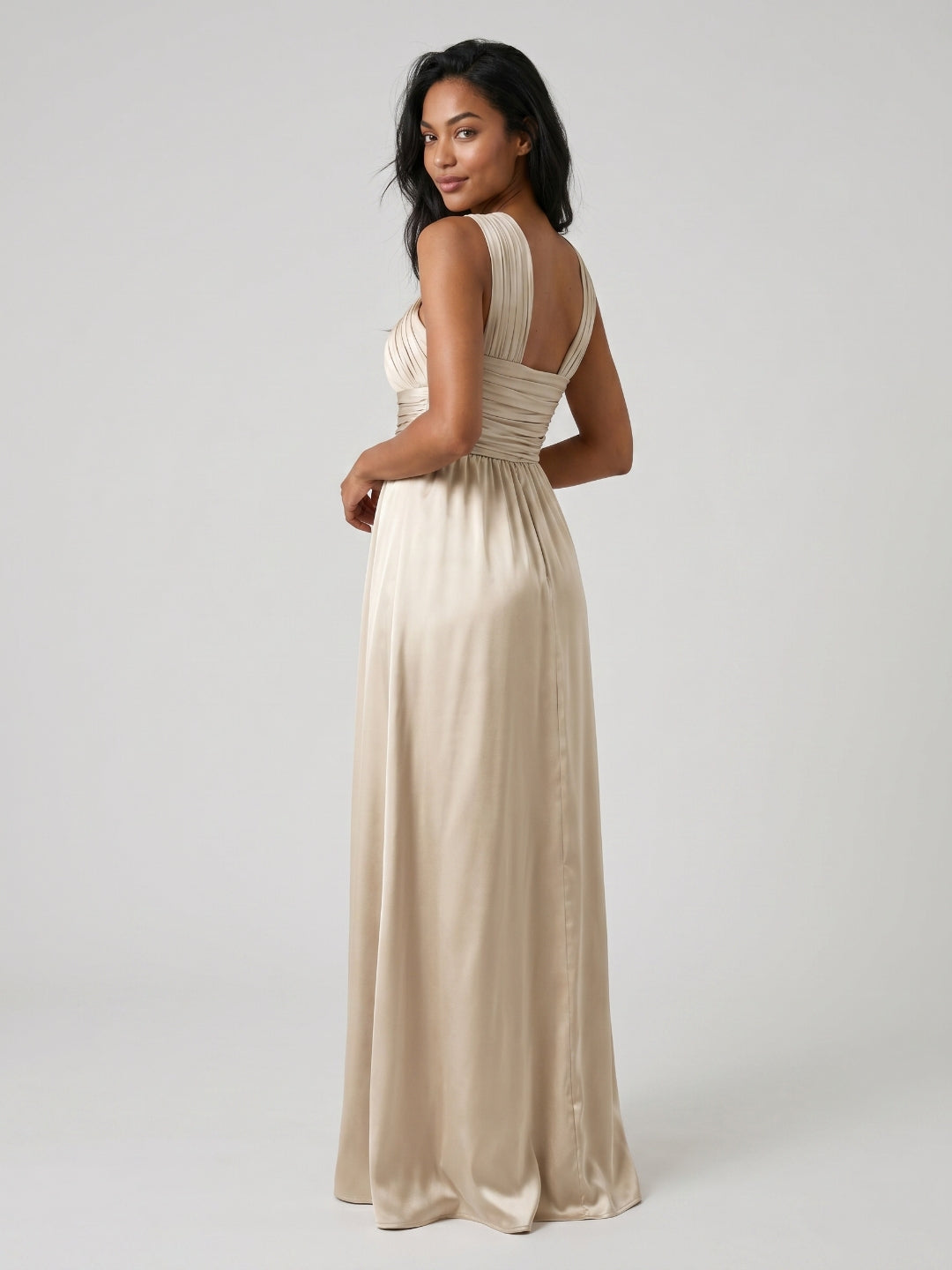 Sand Satin A-Line V-Neck Floor-Length Bridesmaid Dress - Curvevia