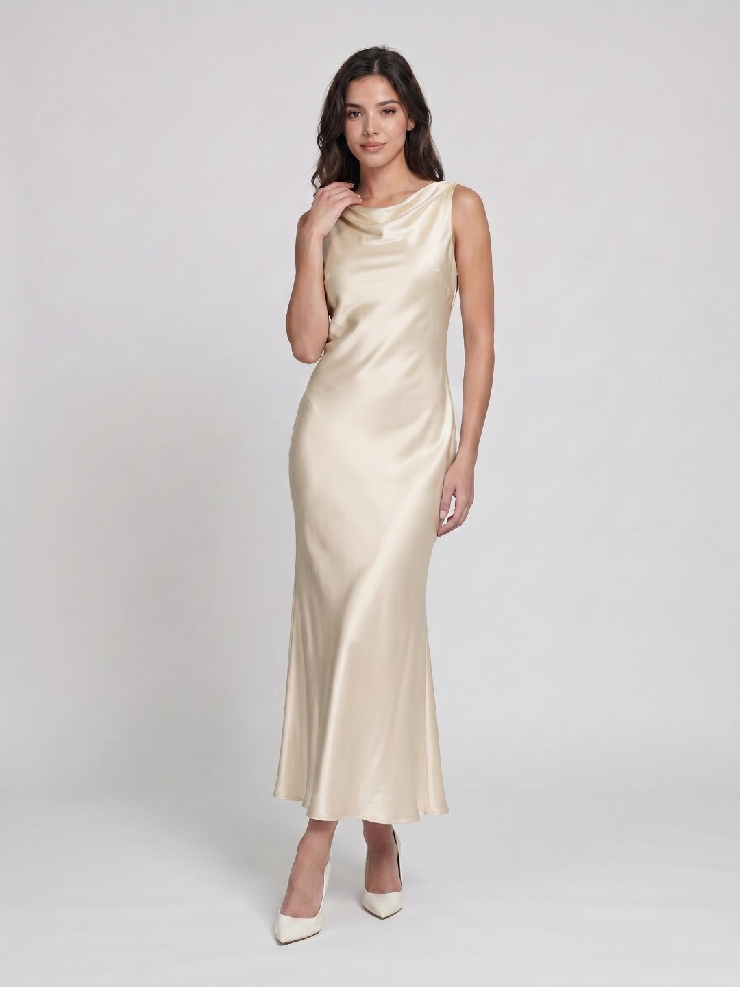 Sand Satin Sheath Cowl Neck Backless Ankle-Length Formal Dress - Curvevia