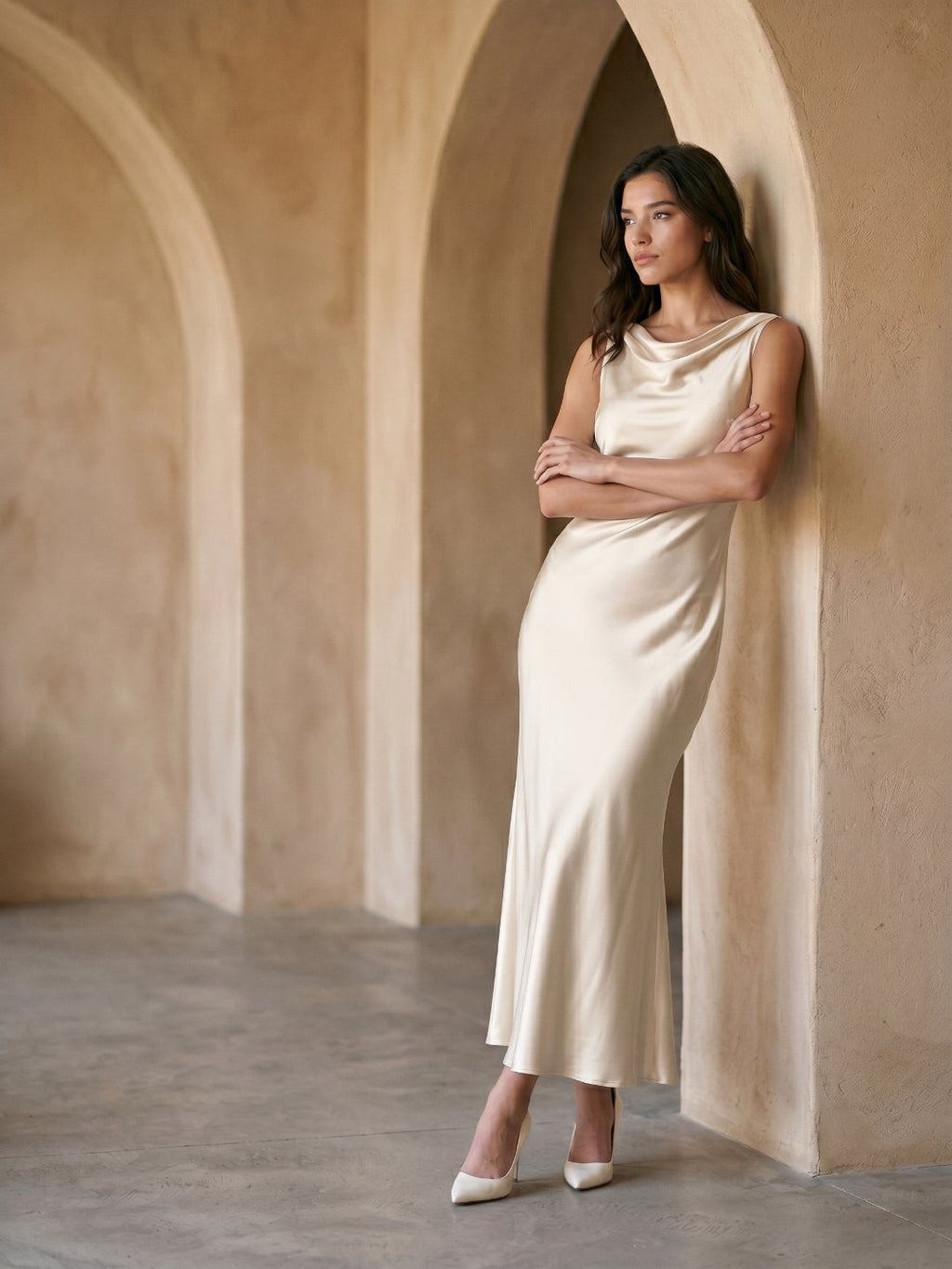 Sand Satin Sheath Cowl Neck Backless Ankle-Length Formal Dress - Curvevia
