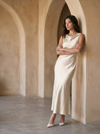 Sand Satin Sheath Cowl Neck Backless Ankle-Length Formal Dress - Curvevia