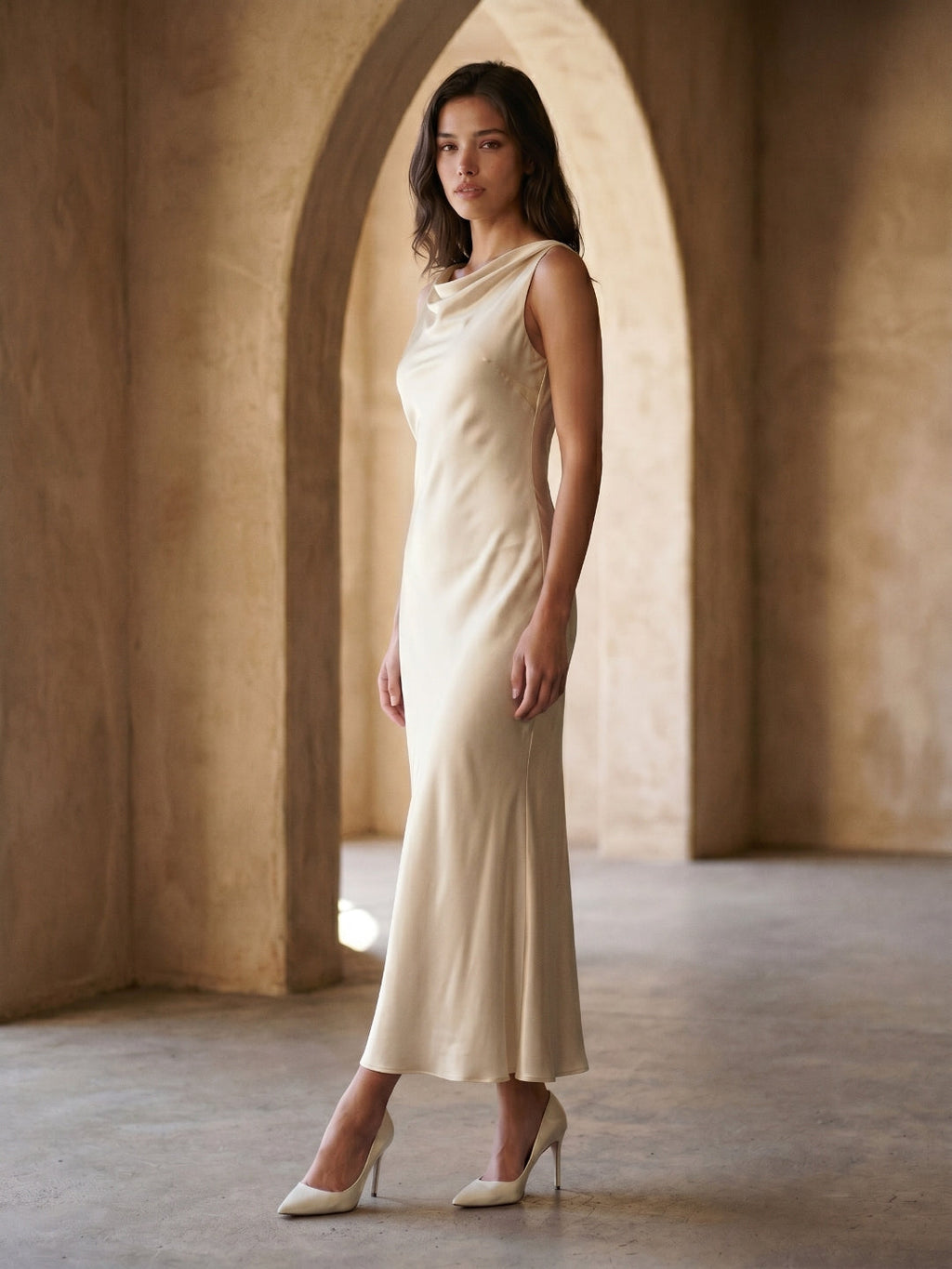 Sand Satin Sheath Cowl Neck Backless Ankle-Length Formal Dress - Curvevia