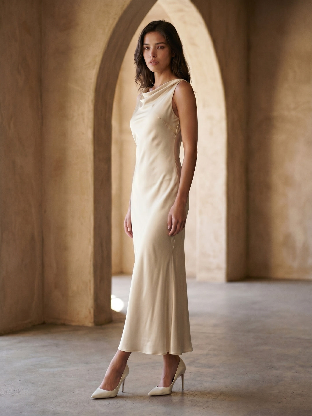 Sand Satin Sheath Cowl Neck Backless Ankle-Length Formal Dress - Curvevia