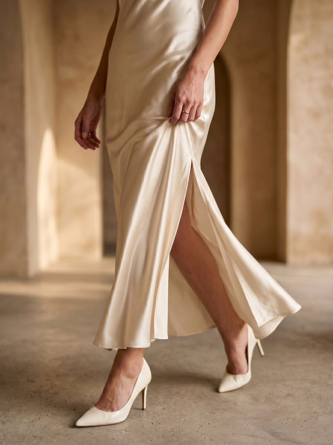 Sand Satin Sheath Cowl Neck Backless Ankle-Length Formal Dress - Curvevia