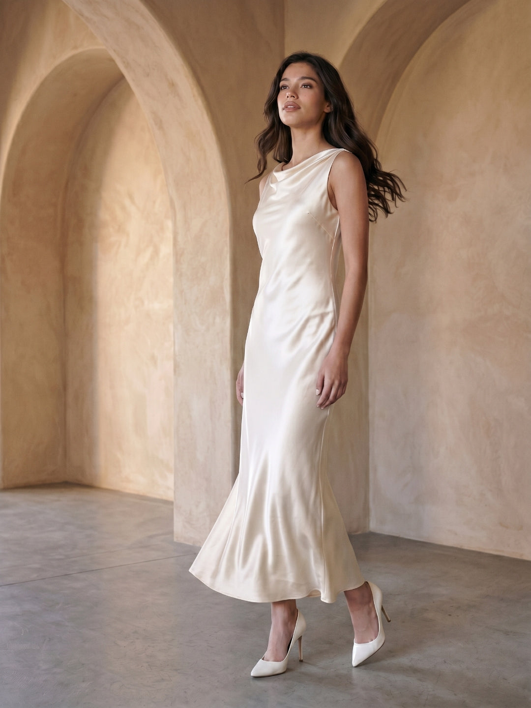Sand Satin Sheath Cowl Neck Backless Ankle-Length Formal Dress - Curvevia