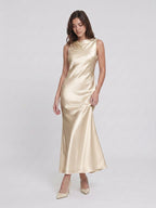 Sand Satin Sheath Cowl Neck Backless Ankle-Length Formal Dress - Curvevia