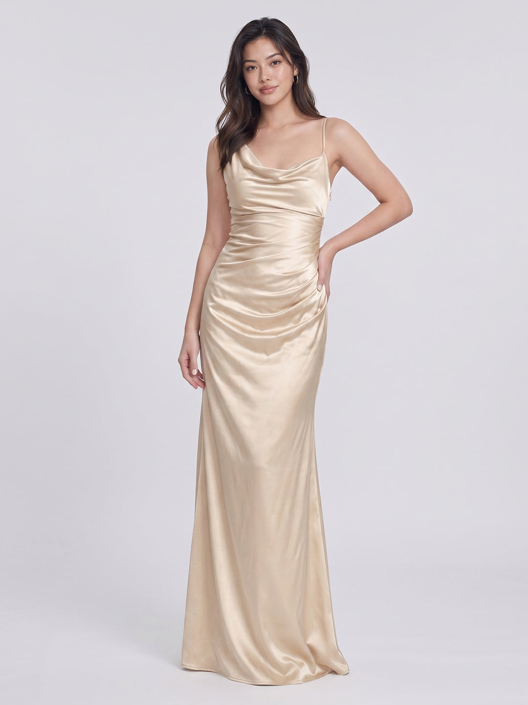 Sand Satin Sheath Cowl Neck Floor-Length Bridesmaid Dress - Curvevia
