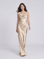 Sand Satin Sheath Cowl Neck Floor-Length Bridesmaid Dress - Curvevia
