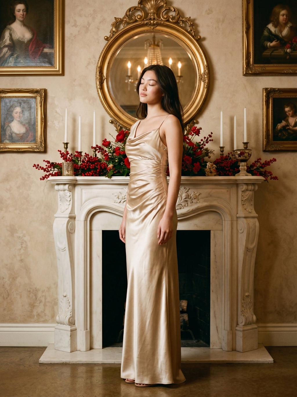 Sand Satin Sheath Cowl Neck Floor-Length Bridesmaid Dress - Curvevia