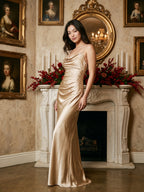 Sand Satin Sheath Cowl Neck Floor-Length Bridesmaid Dress - Curvevia