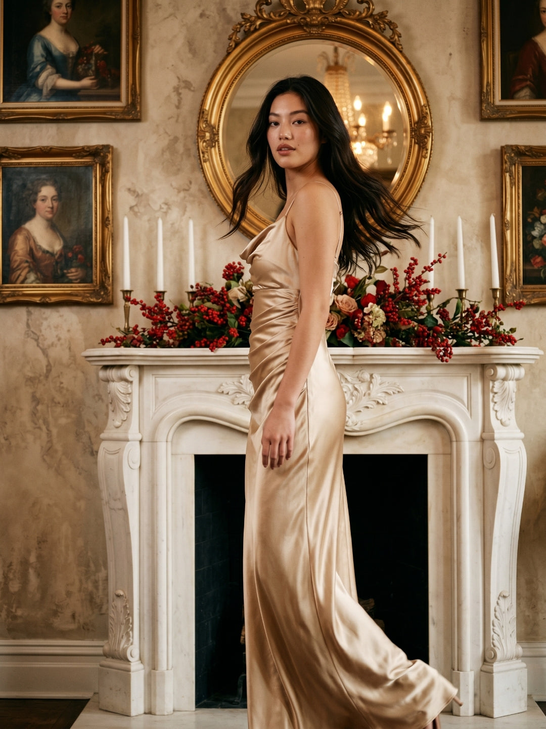 Sand Satin Sheath Cowl Neck Floor-Length Bridesmaid Dress - Curvevia