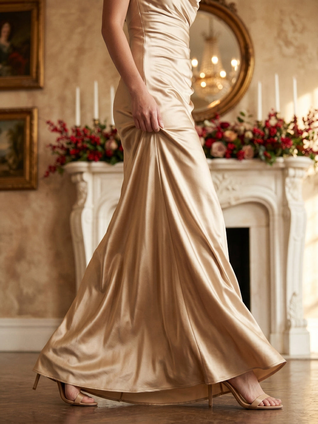 Sand Satin Sheath Cowl Neck Floor-Length Bridesmaid Dress - Curvevia