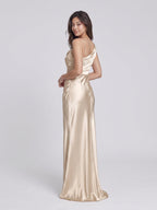 Sand Satin Sheath Cowl Neck Floor-Length Bridesmaid Dress - Curvevia