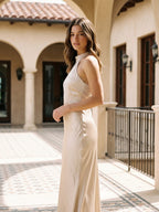 Sand Satin Sheath Halter Neckline Backless Floor-Length Bridesmaid Dress - Curvevia