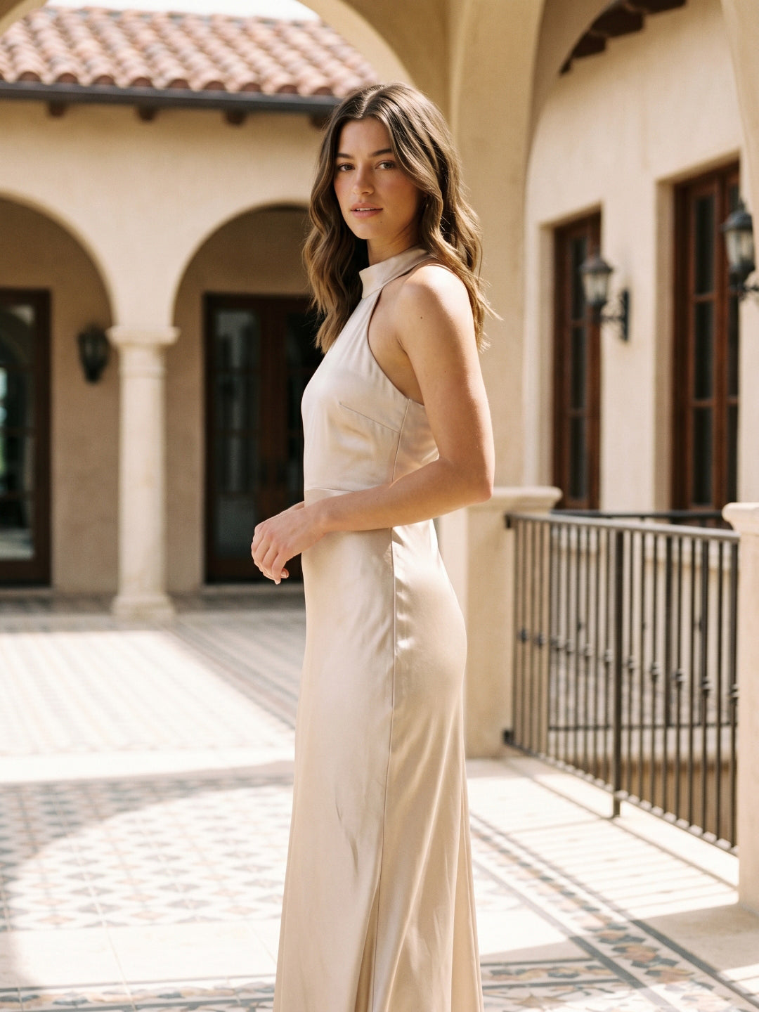 Sand Satin Sheath Halter Neckline Backless Floor-Length Bridesmaid Dress - Curvevia