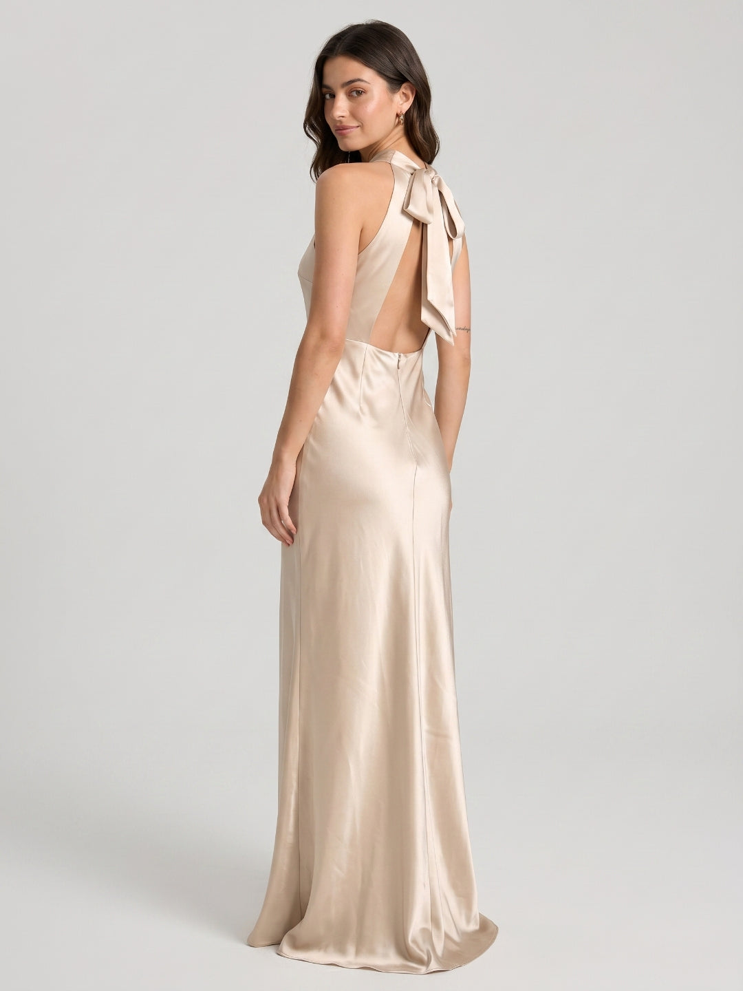 Sand Satin Sheath Halter Neckline Backless Floor-Length Bridesmaid Dress - Curvevia