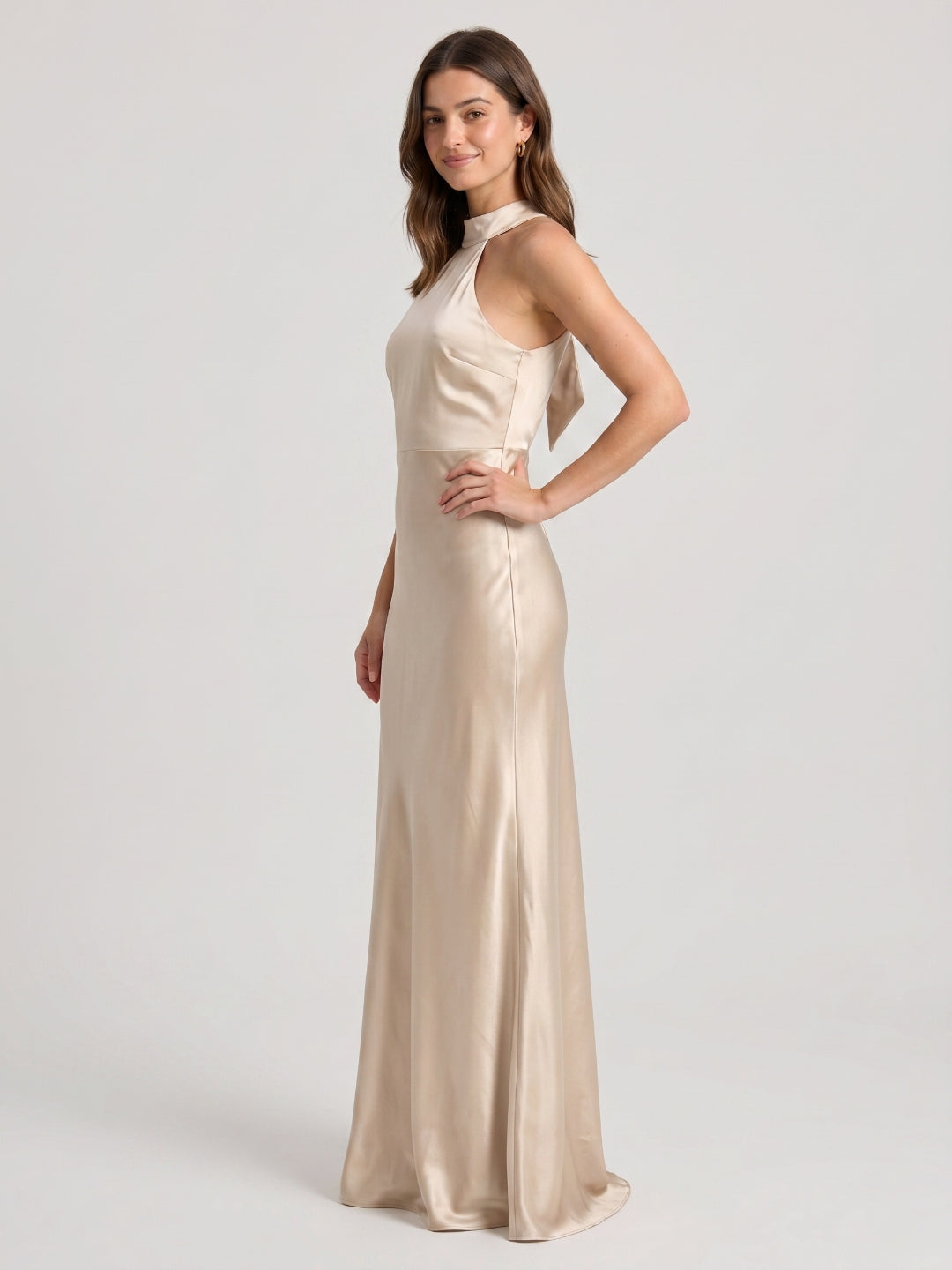 Sand Satin Sheath Halter Neckline Backless Floor-Length Bridesmaid Dress - Curvevia