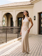 Sand Satin Sheath Halter Neckline Backless Floor-Length Bridesmaid Dress - Curvevia
