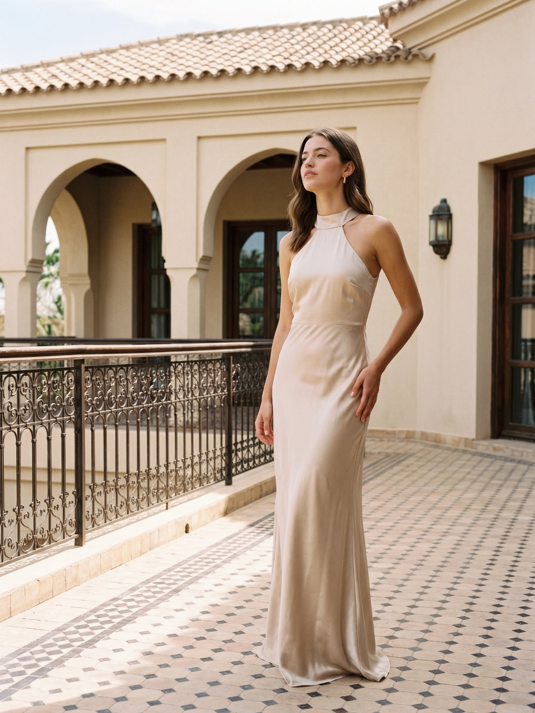 Sand Satin Sheath Halter Neckline Backless Floor-Length Bridesmaid Dress - Curvevia