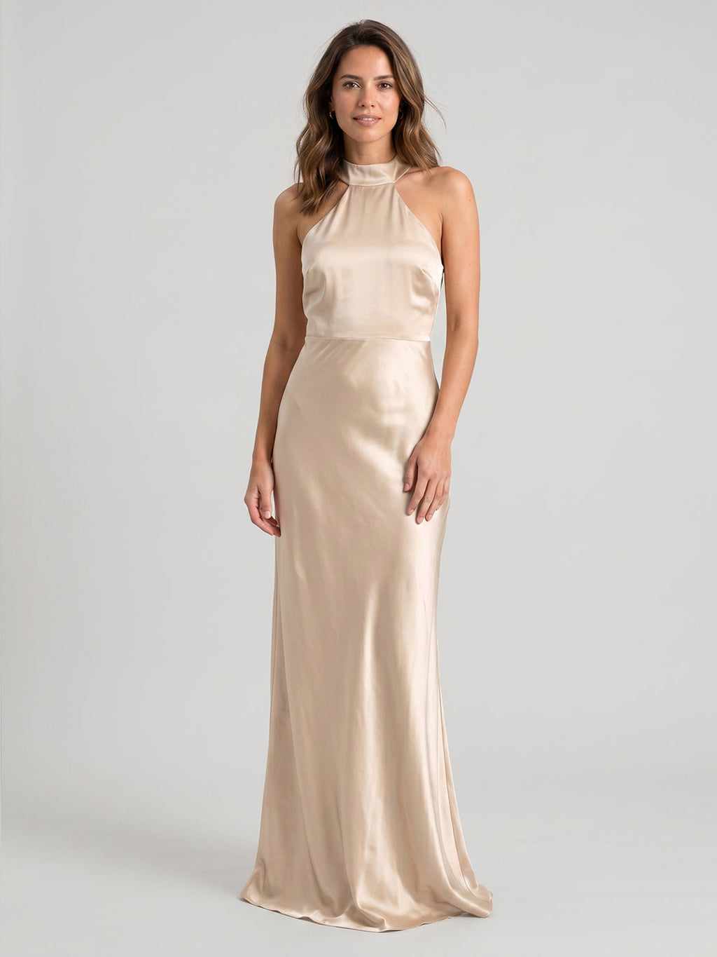 Sand Satin Sheath Halter Neckline Backless Floor-Length Bridesmaid Dress - Curvevia