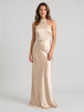 Sand Satin Sheath Halter Neckline Backless Floor-Length Bridesmaid Dress - Curvevia