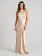 Sand Satin Sheath Halter Neckline Backless Floor-Length Bridesmaid Dress - Curvevia