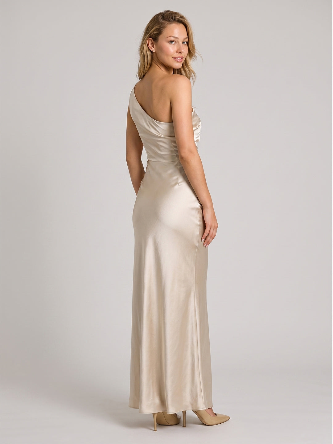 Sand Sheath One Shoulder Side Zip Floor-Length Bridesmaid Dress - Curvevia