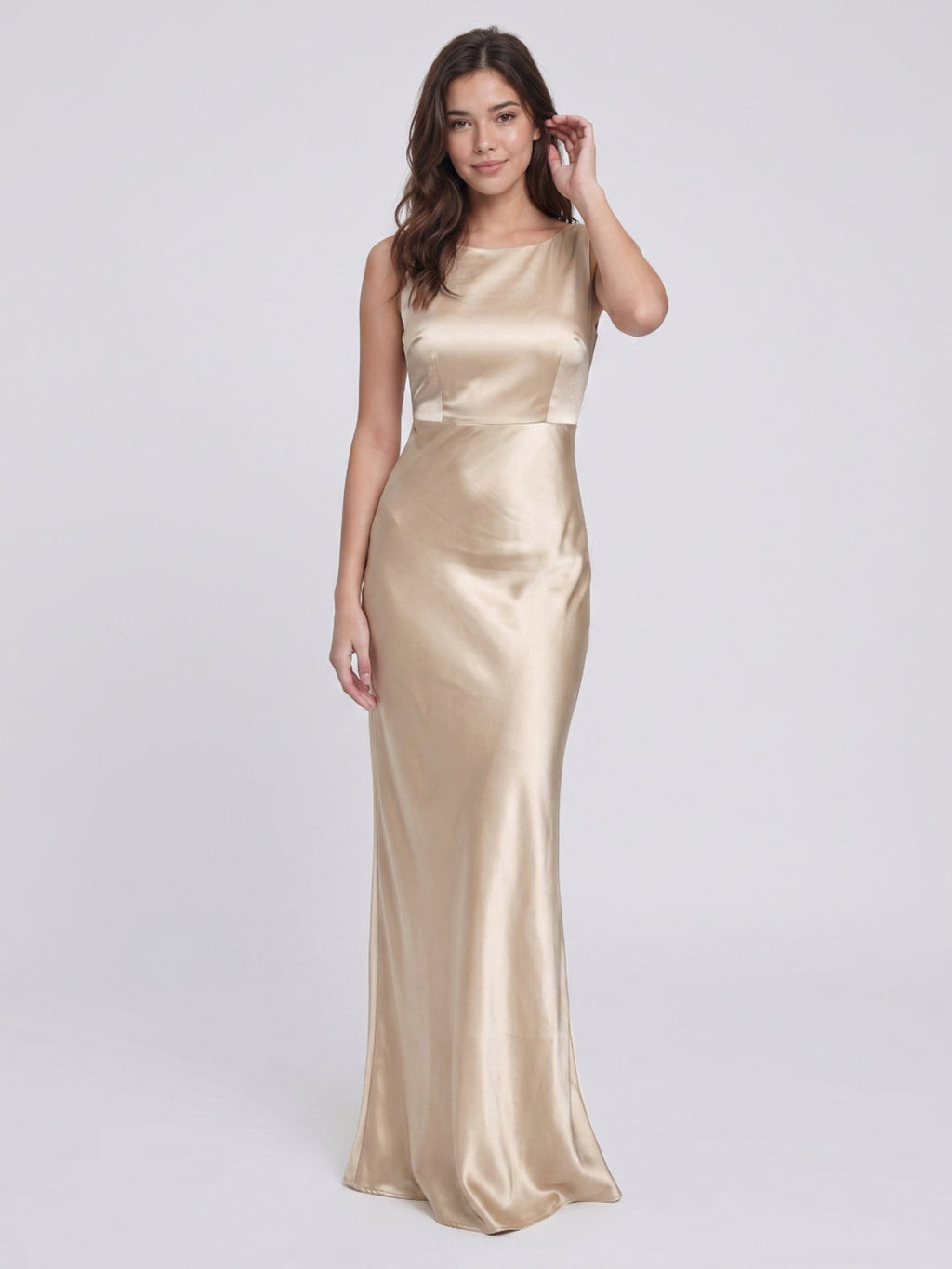Sand Satin Sheath Scoop Neck Backless Floor-Length Bridesmaid Dress - Curvevia
