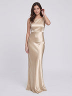 Sand Satin Sheath Scoop Neck Backless Floor-Length Bridesmaid Dress - Curvevia